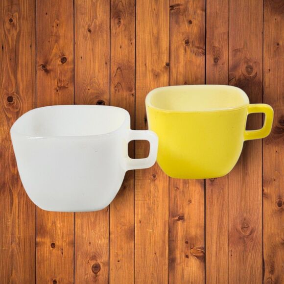 Vintage Glasbake Milk Glass Mugs Lot of 2 White & Yellow Block Handle Square Mug - Picture 1 of 10
